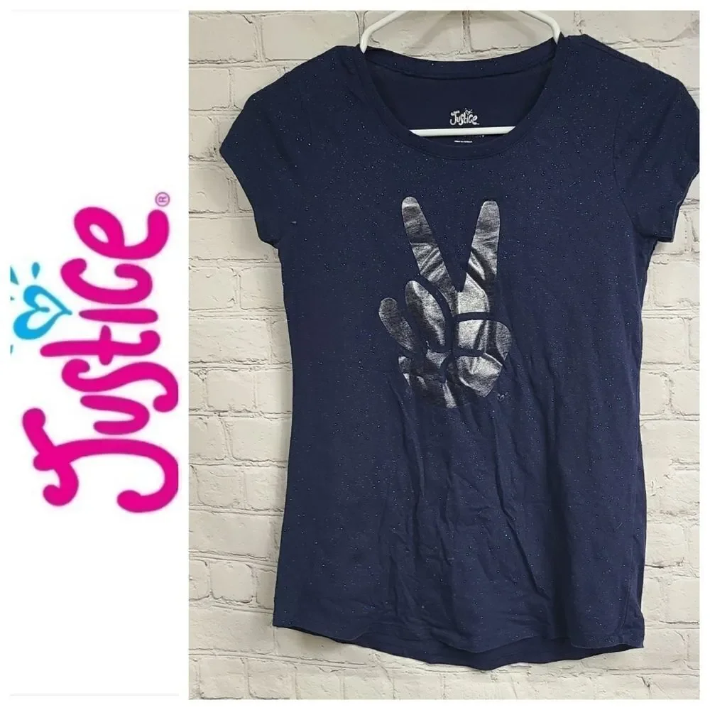 Justice Girls Navy Blue Glitter Tee Peace Sign Short Sleeve Fitted Knit T-Shirt